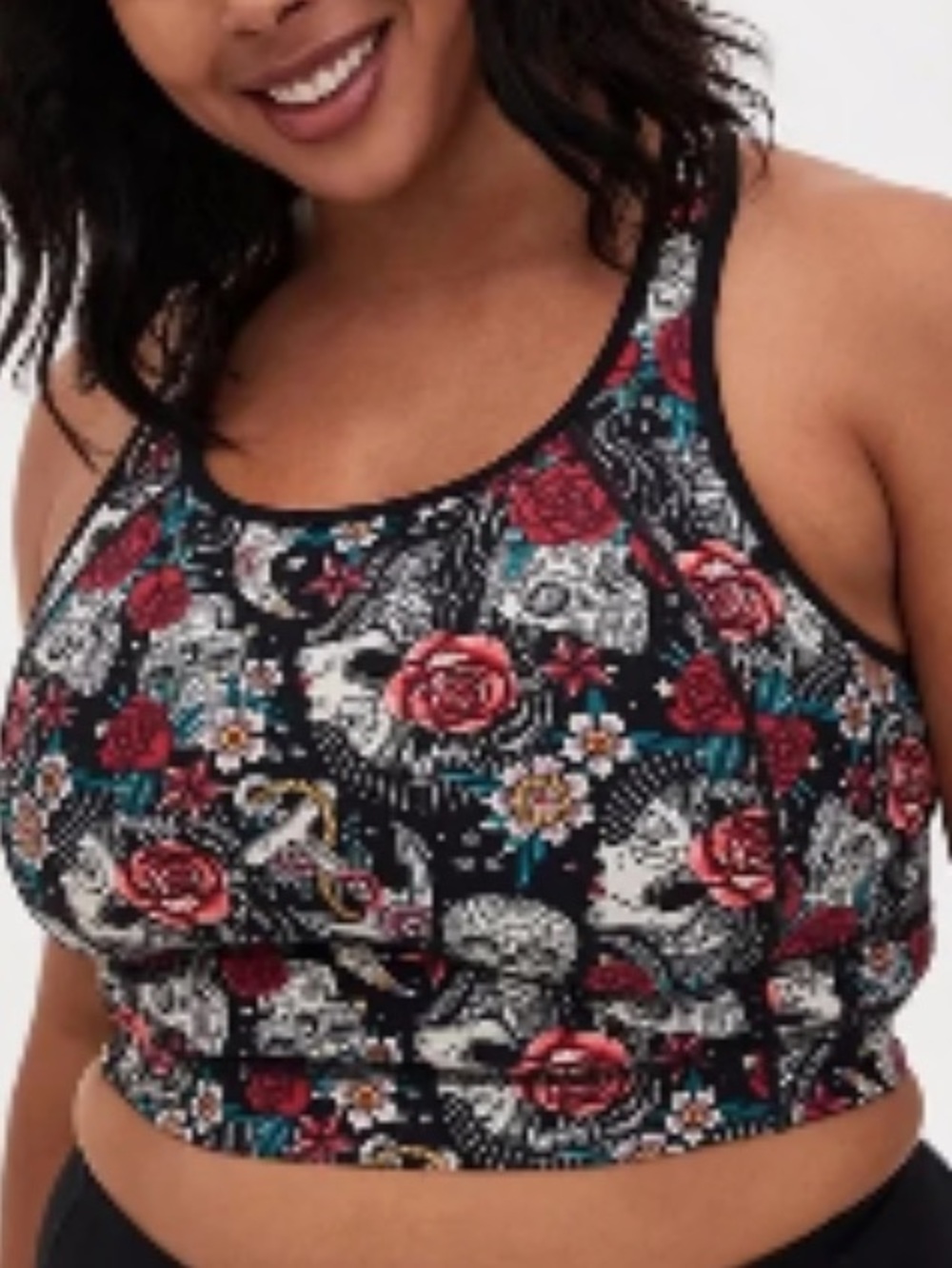 Floral Racerback Sports Bra — Black with Multicolor Rose Print - Picture 3 of 6